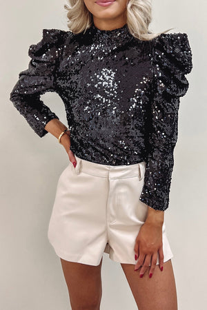 - Sequin Mock Neck Women's Bubble Sleeve Top - womens blouse at TFC&H Co.