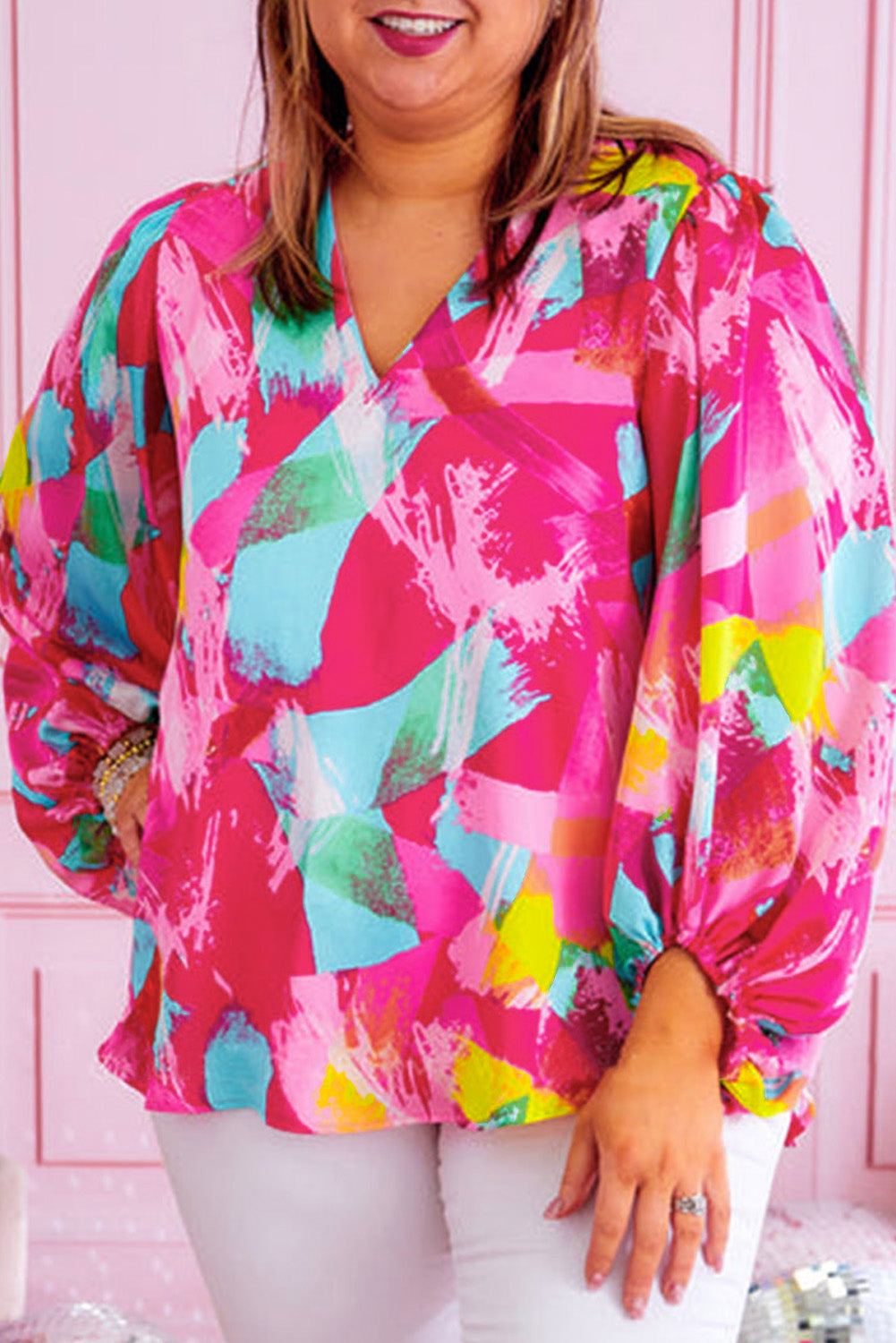 Pink 100%Polyester Pink Voluptuous (+) Plus Size Graffiti Print Split Neck Puff Sleeve Blouse - women's blouse at TFC&H Co.