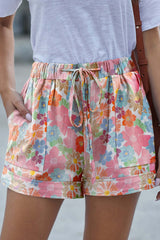 Pink 100%Polyester - Pink Floral Print Side Pockets Drawstring Casual Womens Shorts - womens shorts at TFC&H Co.