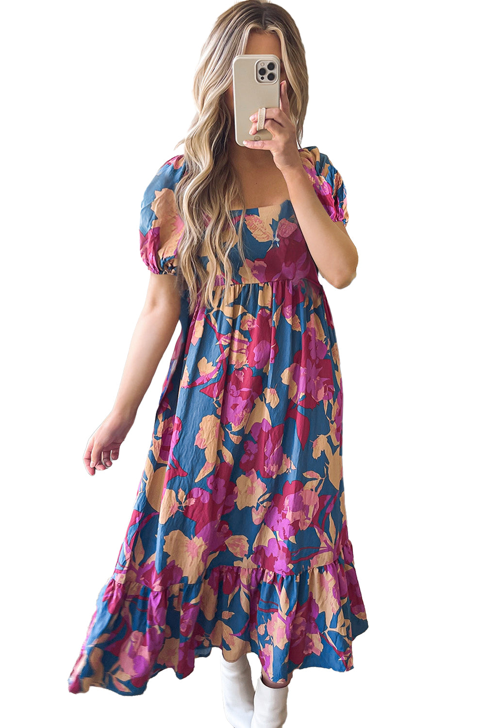 - Dark Blue Square Neck Bubble Sleeve Ruffle Hem Women's Floral Dress - womens maxi dress at TFC&H Co.