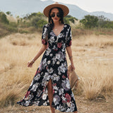 Black - Floral Summer Beach Dress With V Neck Elastic Waist Dresses For Women - womens dress at TFC&H Co.