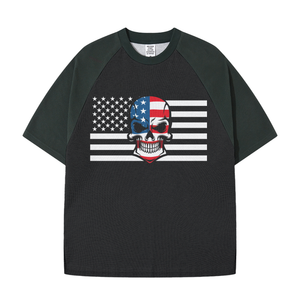 BLACK Skull Flag Heavyweight Color Block Loose-Fit Waffle Stitch Fabric T-Shirt - men's t-shirt at TFC&H Co.