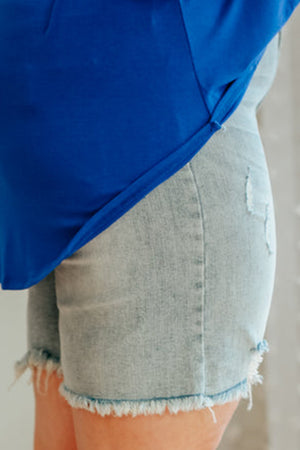 - Light Blue Voluptuous (+) Plus Size Distressed Rolled Hem Denim Shorts - womens denim shorts at TFC&H Co.