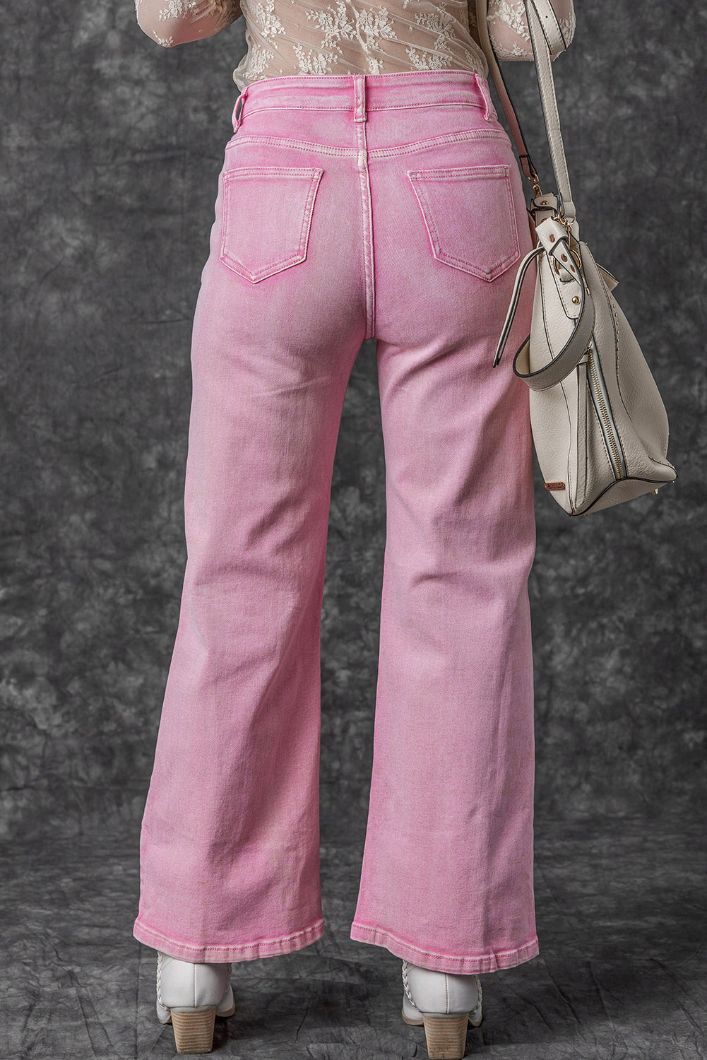 - Pink High Waist Rhinestone Cutout Wide Leg Jeans - women's jeans at TFC&H Co.