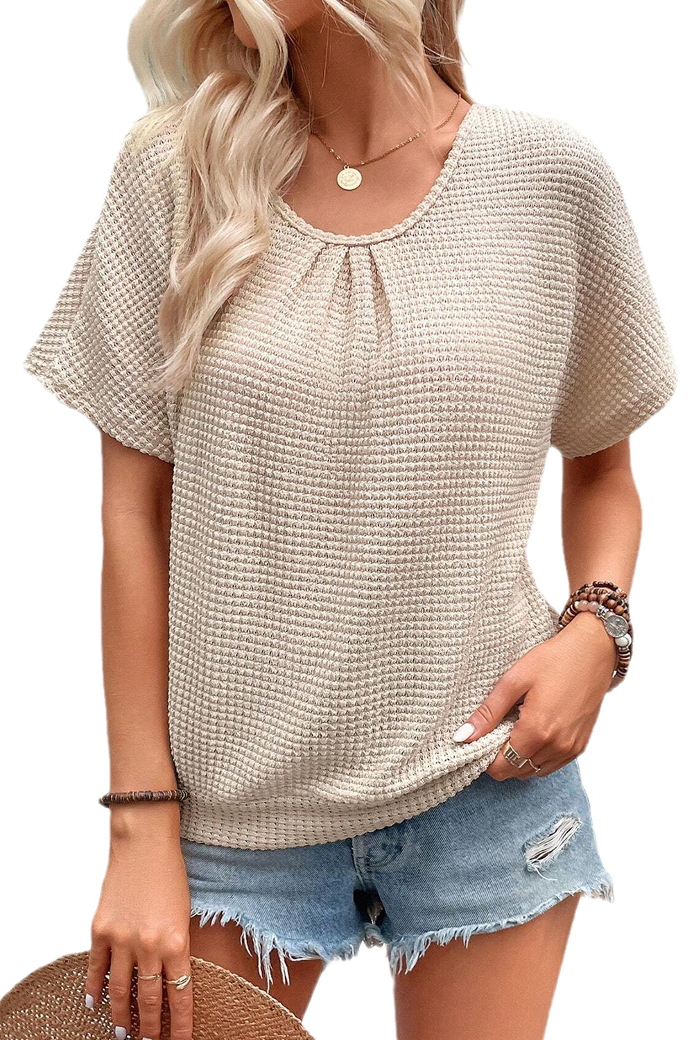 - Guipure Lace Splicing Back Waffle Textured Women's T-shirt - T Shirts at TFC&H Co.
