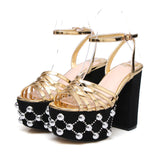 GOLD Round Toe Platform Heel With Rivet Buckle Strap - women's shoe at TFC&H Co.