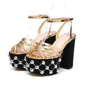 GOLD Round Toe Platform Heel With Rivet Buckle Strap - women's shoe at TFC&H Co.