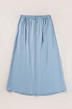 - Mist Blue Fully Buttoned Women's Denim Skirt - womens maxi skirt at TFC&H Co.