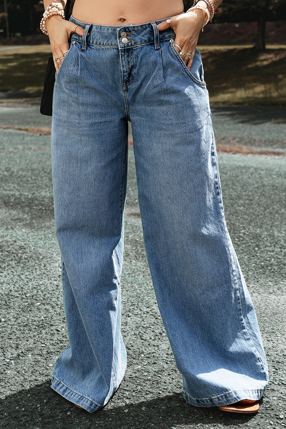 Light Blue 72%Cotton+26%Polyester+2%Elastane - Light Blue Drop Waist Wide Leg Oversized Women's Jeans - womens jeans at TFC&H Co.
