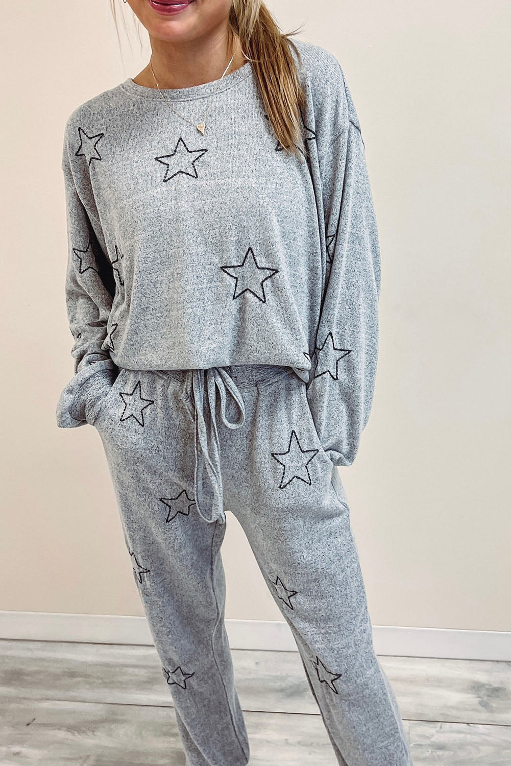 - Gray Stars Print Long Sleeve Drawstring High Waist Lounge Set - women's pants set at TFC&H Co.