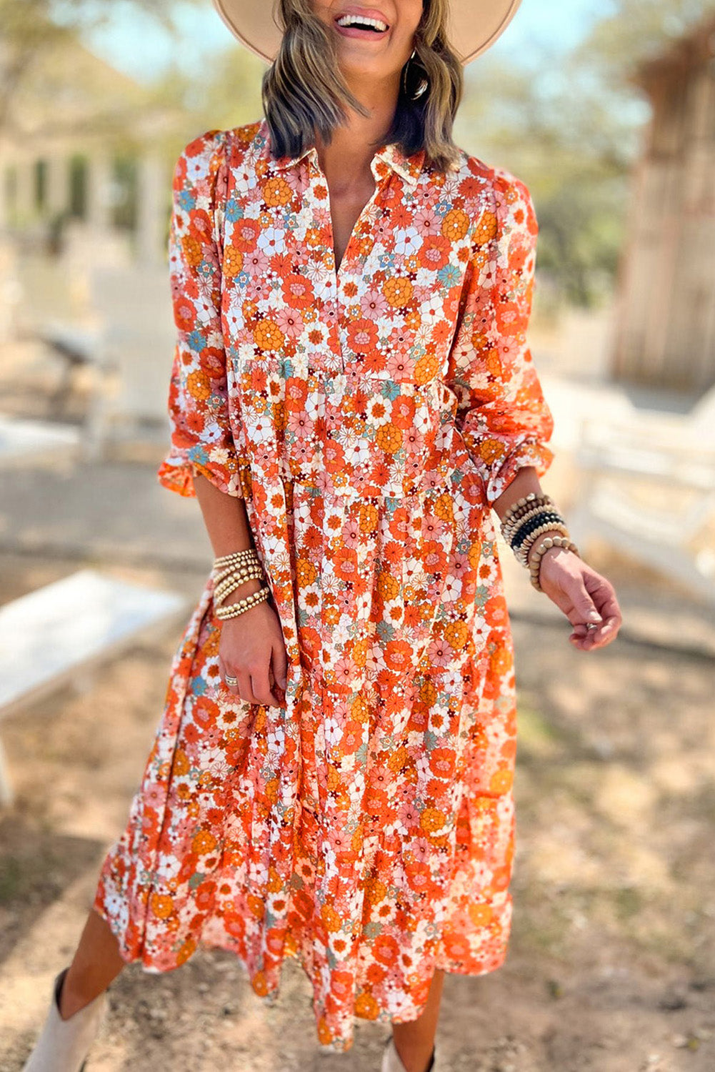 Orange 100%Polyester - Multicolor Boho Floral Collared Long Sleeve Ruffled Dress - womens dress at TFC&H Co.