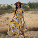 Yellow - Floral Summer Beach Dress With V Neck Elastic Waist Dresses For Women - womens dress at TFC&H Co.