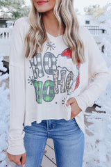 White 95%Polyester+5%Elastane White HOHOHO Wide Rib Long Sleeve Women's Christmas Graphic Top - women's shirt at TFC&H Co.