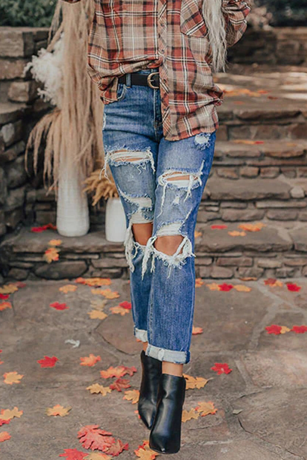 - Blue Vintage Distressed Boyfriend Ripped Jeans - women's jeans at TFC&H Co.
