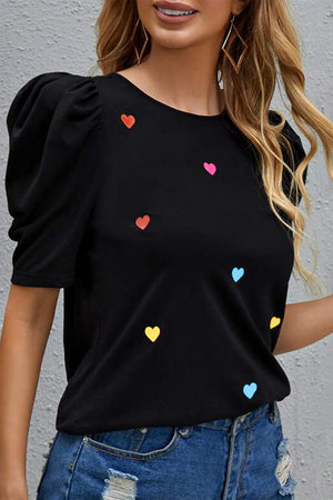 - Heart Shape Print Short Puff Sleeve Top - womens top at TFC&H Co.