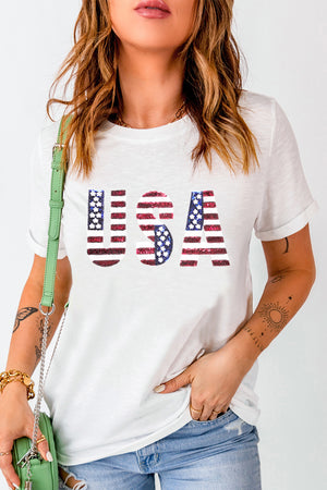- USA Flag Sequin Graphic Patched Women's Round Neck T Shirt - womens Graphic Tees at TFC&H Co.