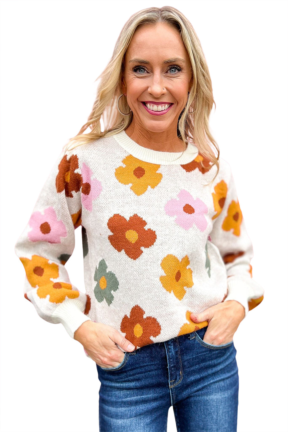 Sweet Flower 2 Knitted Ribbed Hem Sweater - women's sweater at TFC&H Co.