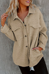 Khaki 95%Polyester+5%Elastane Retro Quilted Flap Pocket Button Shacket - 4 colors - women's shacket at TFC&H Co.
