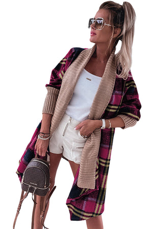 - Rose Red Ribbed Splicing Plaid Open Front Cardigan - womens cardigan at TFC&H Co.