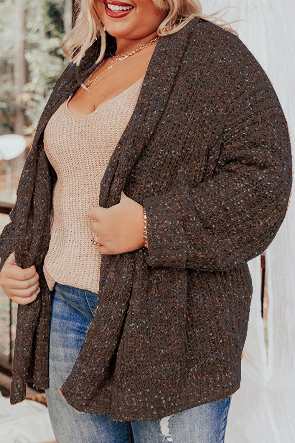 Chicory Coffee 100%Polyester - Bonbon Open Front Knit Voluptuous (+) Plus Size Cozy Cardigan - various colors - womens cardigan at TFC&H Co.