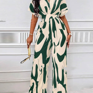 Green - V-neck Loose Printed Long Jumpsuit for Women - womens jumpsuit at TFC&H Co.