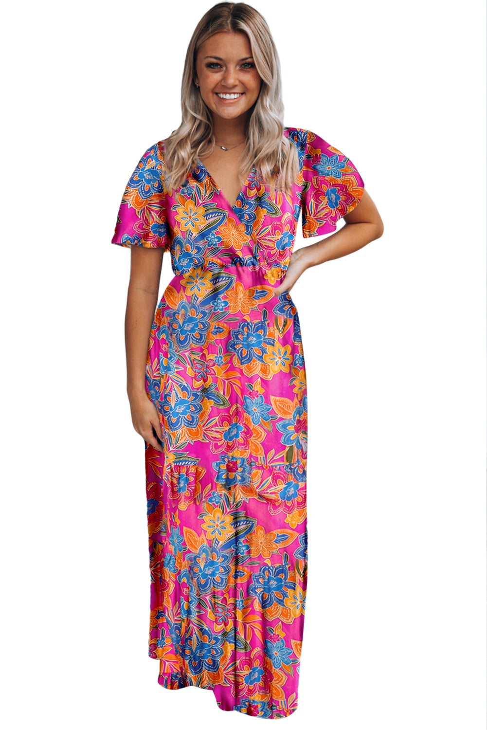 - Bohemian Abstract Print Wrap V Neck Color Block Maxi Dress - Maxi Dresses at TFC&H Co.