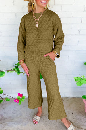 Sage Green/Set 95%Polyester+5%Elastane Solid Quilted Pullover and Pants Outfit Set, Shirt, or Hoodie- various colors - women's pants set at TFC&H Co.