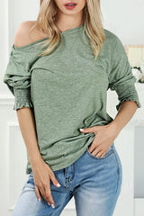 Green 65%Polyester+30%Cotton+5%Elastane Smocked 3/4 Sleeve Casual Loose Top - women's shirt at TFC&H Co.