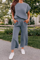 Real Teal 95%Polyester+5%Elastane Quilted Short Sleeve Wide Leg Pants Set - available in Real Teal, Sage Green, & Black - women's pant set at TFC&H Co.