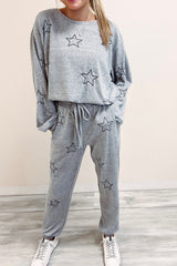 Gray 95%Polyester+5%Elastane Stars Print Long Sleeve Drawstring High Waist Lounge Set - women's pants set at TFC&H Co.
