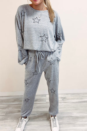 Gray 95%Polyester+5%Elastane - Gray Stars Print Long Sleeve Drawstring High Waist Lounge Set - women's pants set at TFC&H Co.