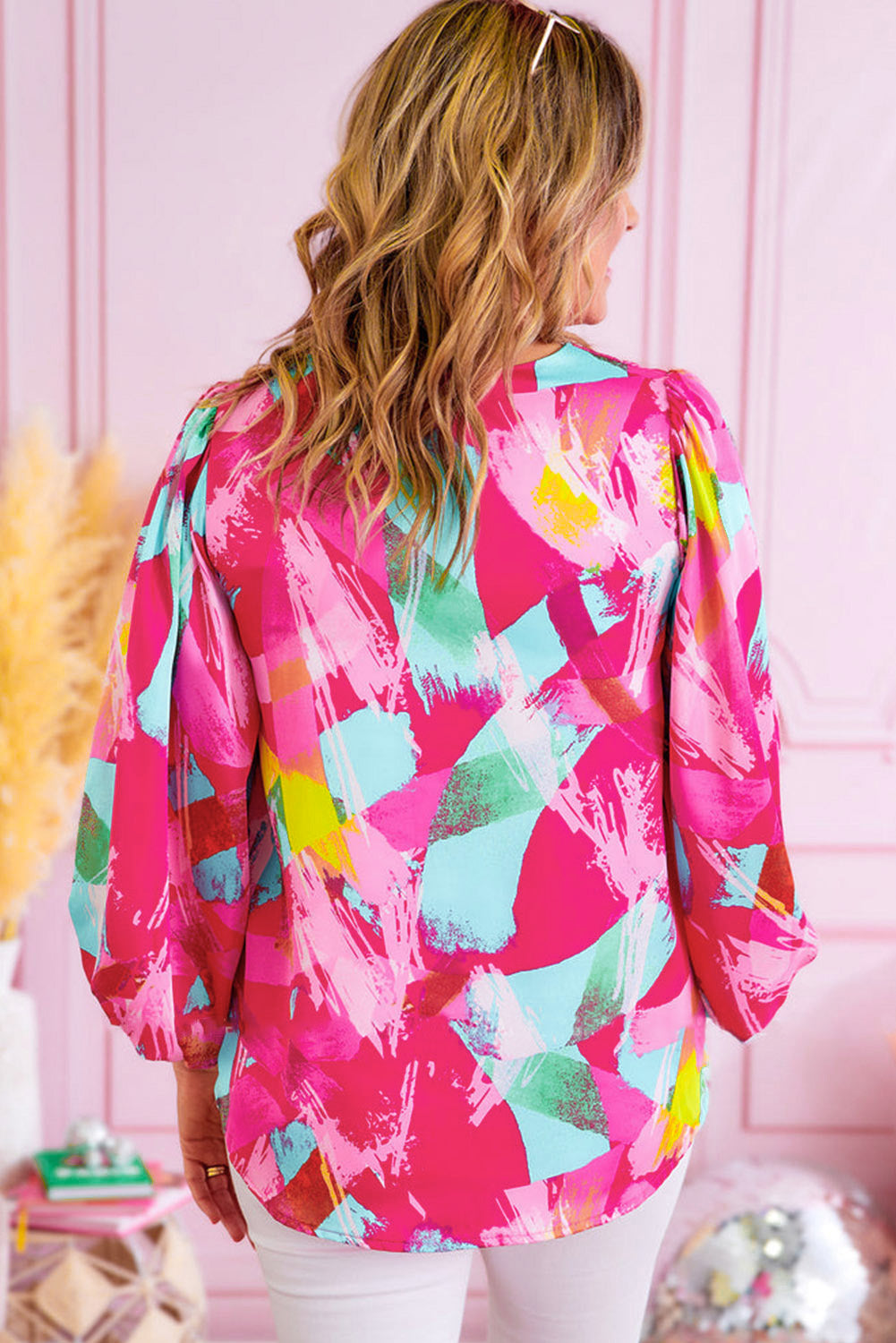 Pink Voluptuous (+) Plus Size Graffiti Print Split Neck Puff Sleeve Blouse - women's blouse at TFC&H Co.