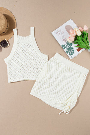 - White Hollowed Crochet Cropped 2 Piece Beach Cover-up - womens swimsuit cover-ups at TFC&H Co.