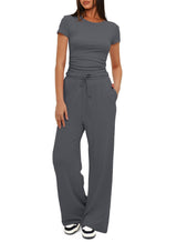 Grey - 2pcs Solid Color Casual Sport Short-sleeved Women'sTop And High-waisted Drawstring Wide-leg Pants - womens pants set at TFC&H Co.