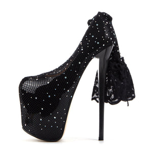 BLACK - 7in Super High Stiletto Fishnet Heels - womens shoe at TFC&H Co.