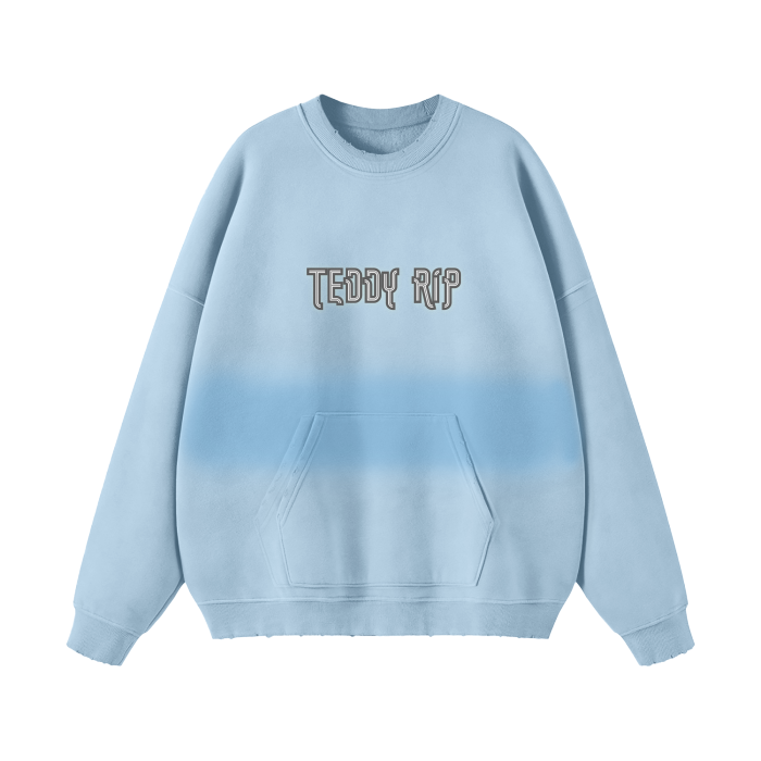 Sky Blue Teddy Rip Word Streetwear Unisex Colored Gradient Washed Effect Pullover - unisex sweaters at TFC&H Co.