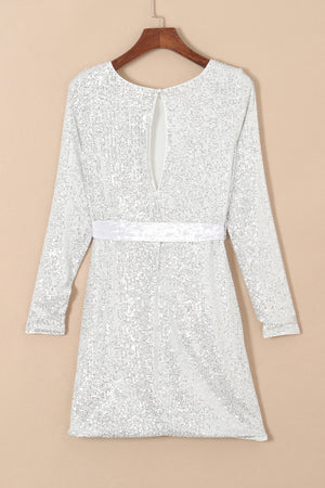 - Silvery Sequin Long Sleeve Tie Waist Women's Mini Dress - womens dress at TFC&H Co.