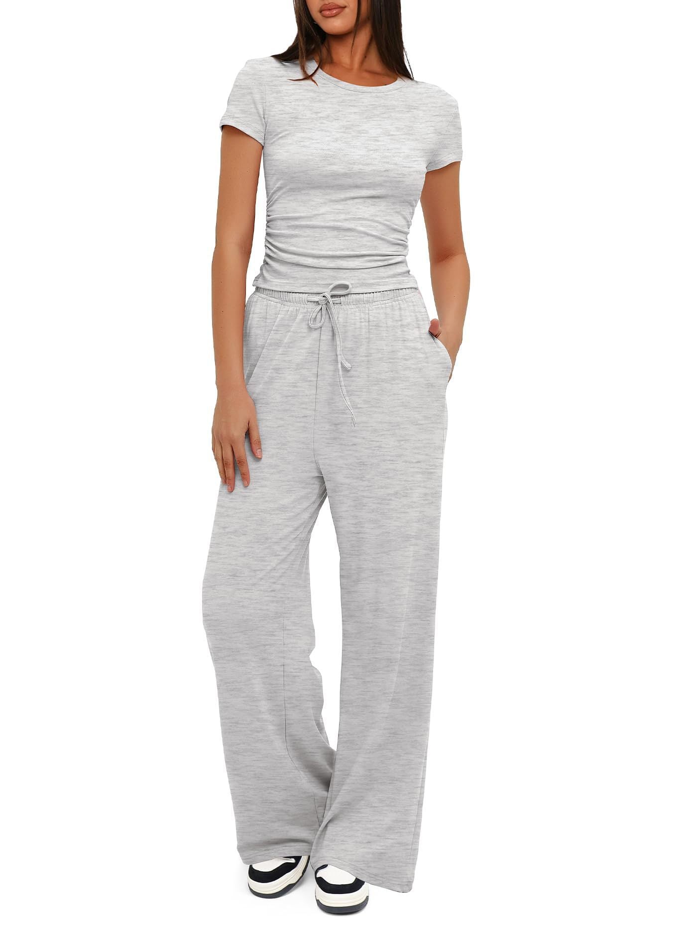 Light Grey - 2pcs Solid Color Casual Sport Short-sleeved Women'sTop And High-waisted Drawstring Wide-leg Pants - womens pants set at TFC&H Co.