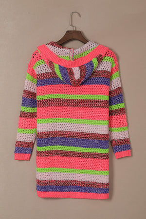 Rose Striped Knitted Hooded Open Front Cardigan - women's cardigan at TFC&H Co.