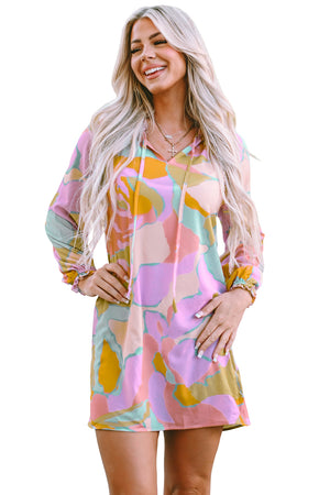 Multicolor Abstract Print Frill Split Neck Babydoll Mini Dress - women's dress at TFC&H Co.