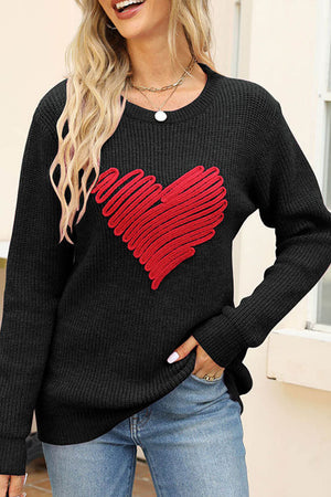 Black 100%Acrylic Valentines Heart Sketch Round Neck Sweater - women's sweater at TFC&H Co.
