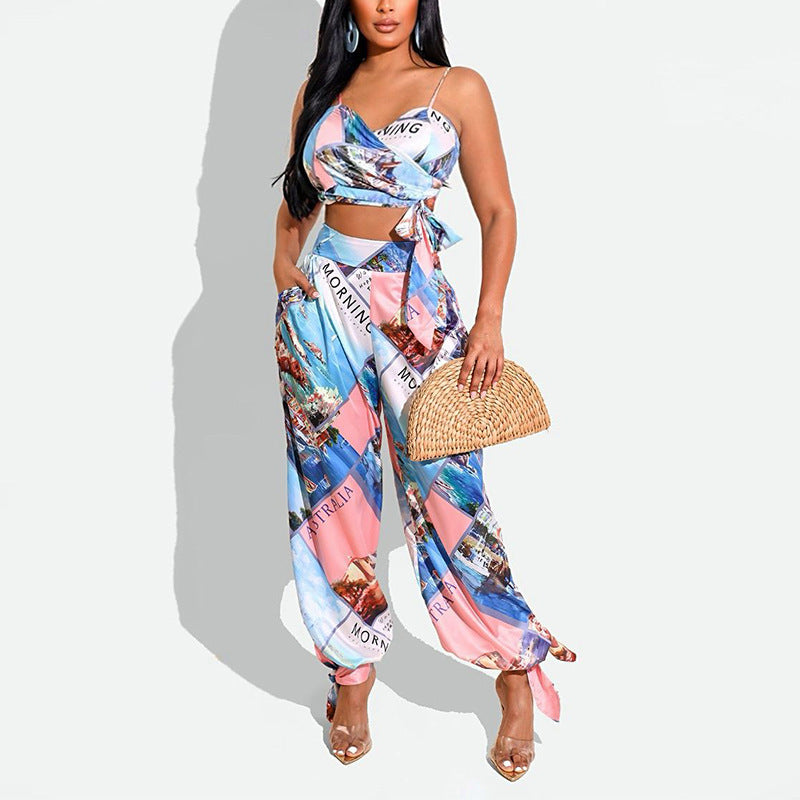 - Women's Printed Chest Wrap and Harem Pants Outfit Set - womens pants set at TFC&H Co.