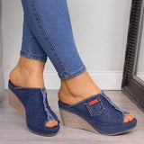 Blue - Denim High Heels Wedge Sandals - womens sandals at TFC&H Co.