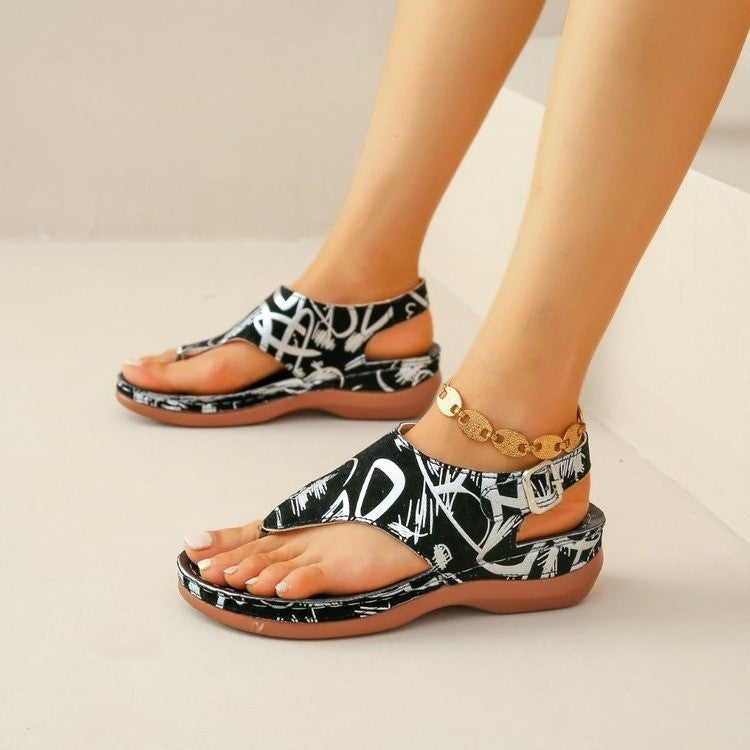 Black - Herringbone Sandals Ethnic Style Back Buckle Wedge - womens sandals at TFC&H Co.