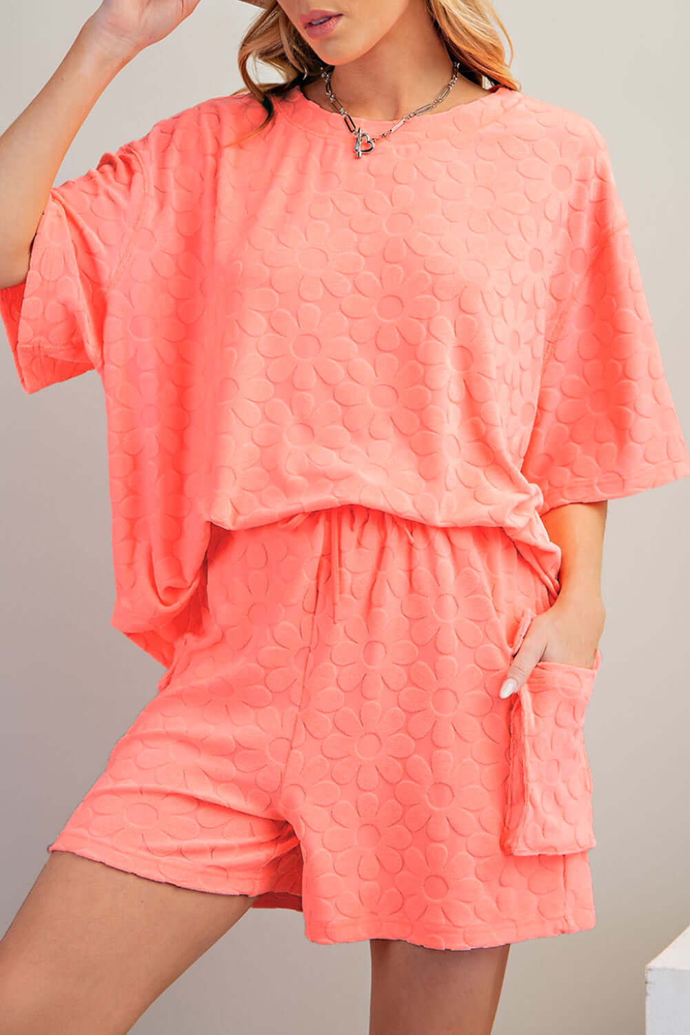 Grapefruit Orange 95%Polyester+5%Elastane - Textured Flower Short Sleeve Top and Shorts Lounge Outfit Set - womens short set at TFC&H Co.