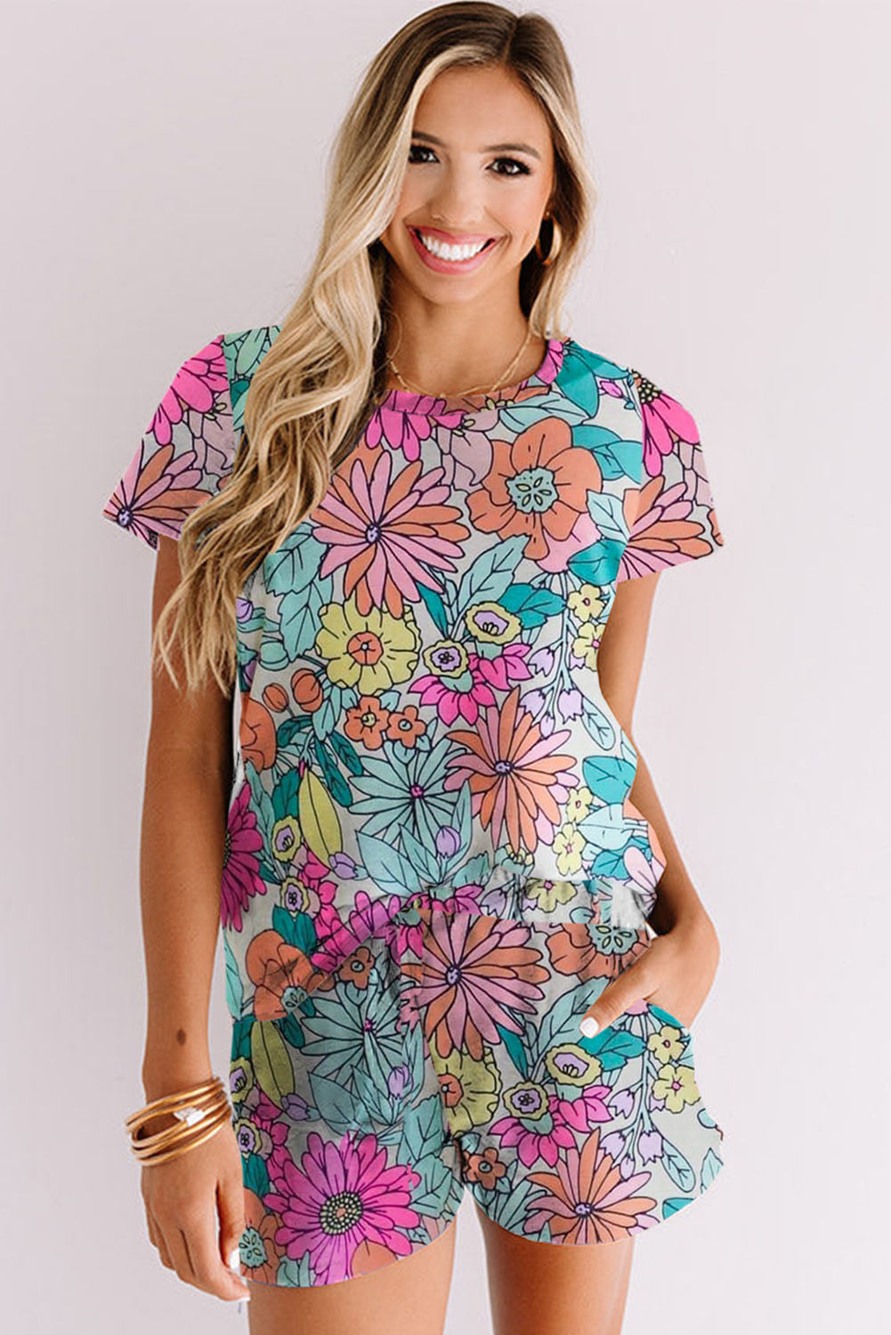 - Floral Print Crew Neck T Shirt & Shorts Women's Loungewear Outfit - womens loungewear at TFC&H Co.