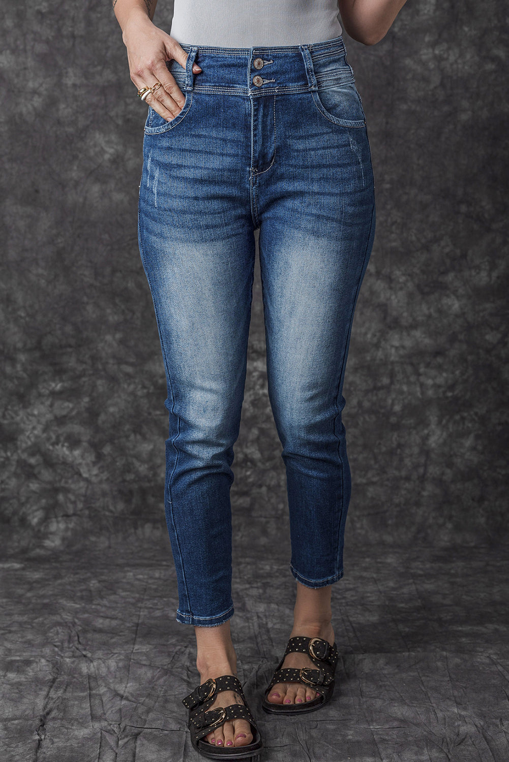 Blue 71%Cotton+27.5%Polyester+1.5%Elastane - Blue Vintage Washed Two-button High Waist Skinny Jeans - women's jeans at TFC&H Co.