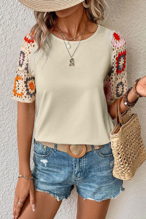 Parchment 95%Polyester+5%Elastane - Floral Crochet Short Sleeve Top for Women - womens t-shirt at TFC&H Co.