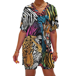 - Animal Wild Face V-neck Bat Sleeve Two Piece Shorts Outfit Set - womens short set at TFC&H Co.