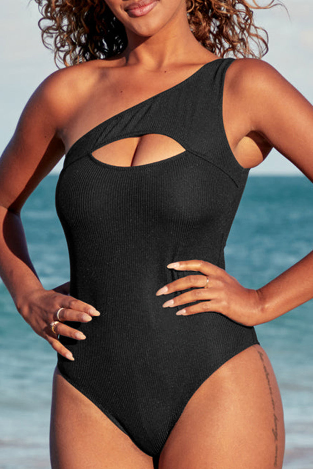 Black 82%Polyamide+18%Elastane - Black Ribbed One Shoulder Hollowed One Piece Swimsuit - women's one piece swimsuit at TFC&H Co.